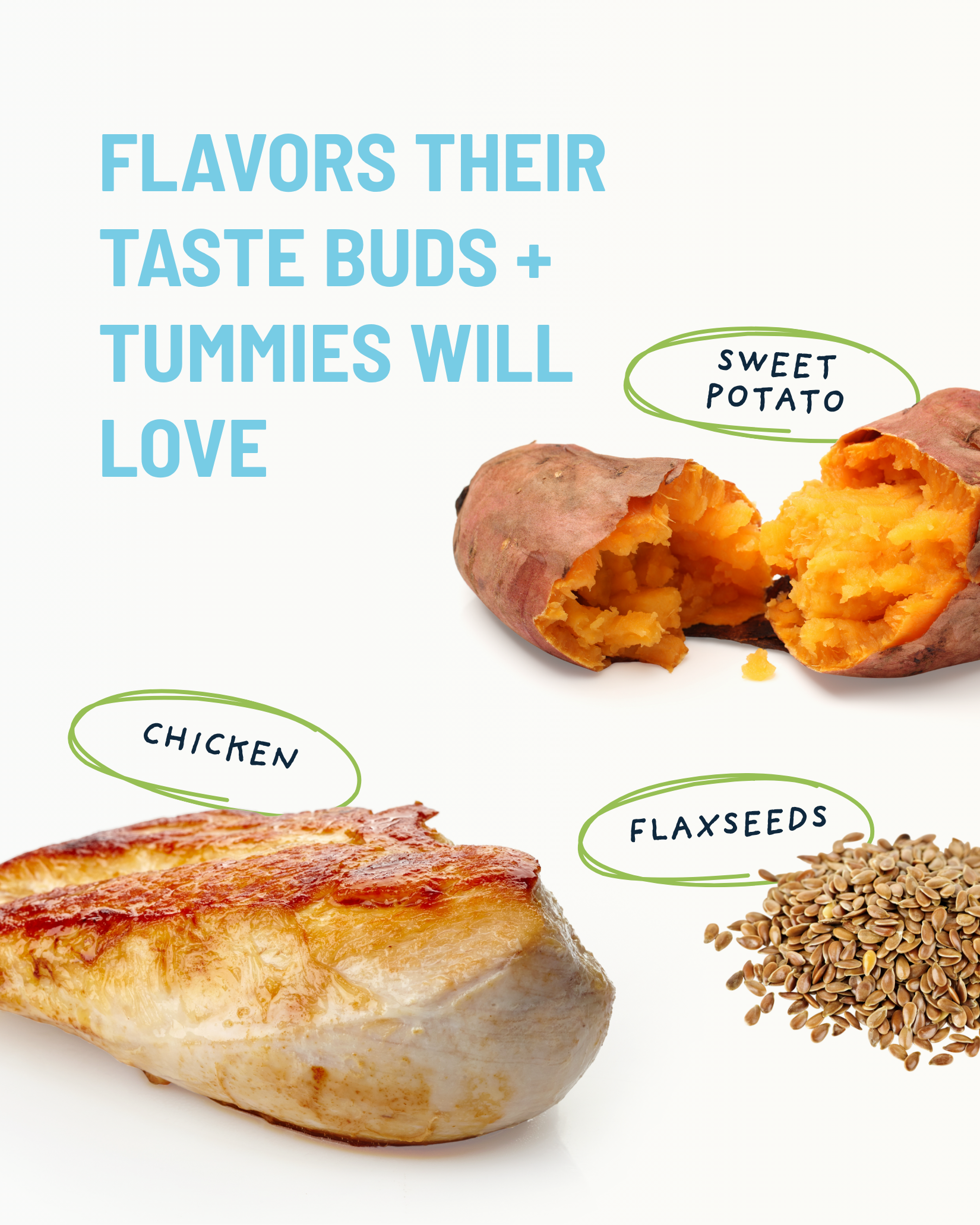Ingredients labeled 'Sweet Potato', 'Chicken', and 'Flaxseeds' with text 'Flavors their taste buds + tummies will love' on a white background.
