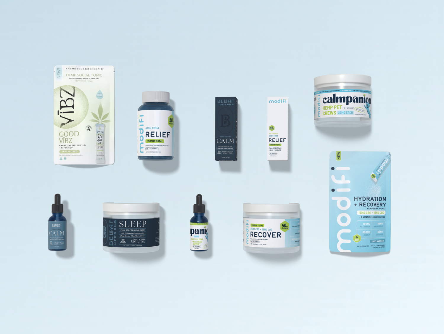Collection of health and wellness products on a light blue background