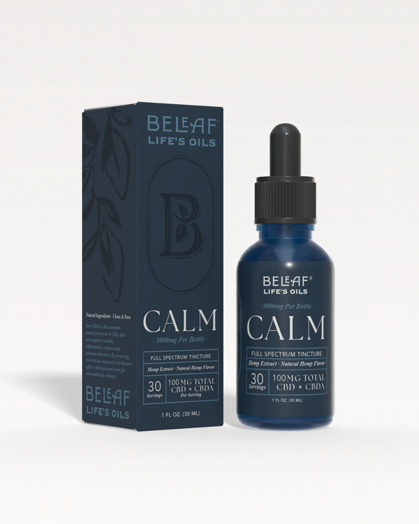Bottle and box of Belief Life's Oils Calm product on a white background