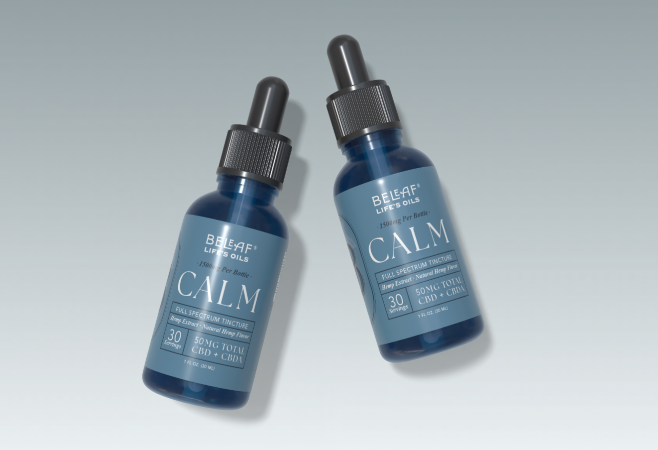 Two blue dropper bottles labeled 'Calm' on a white background