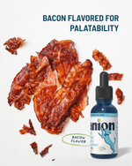 Bacon-flavored product with a blue bottle on a white background