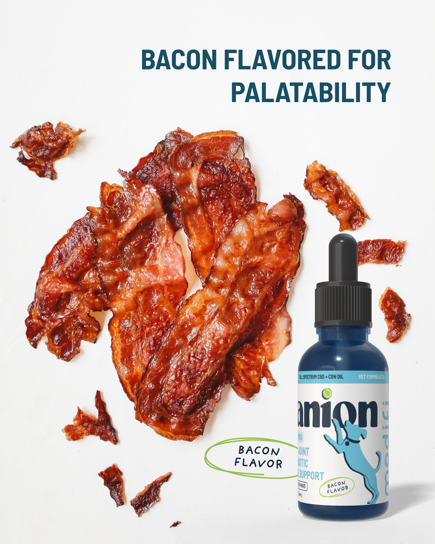 Bacon-flavored product with a blue bottle on a white background
