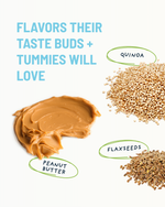 Peanut butter, quinoa, and flaxseeds with text 'Flavors their taste buds + tummies will love' on a white background.