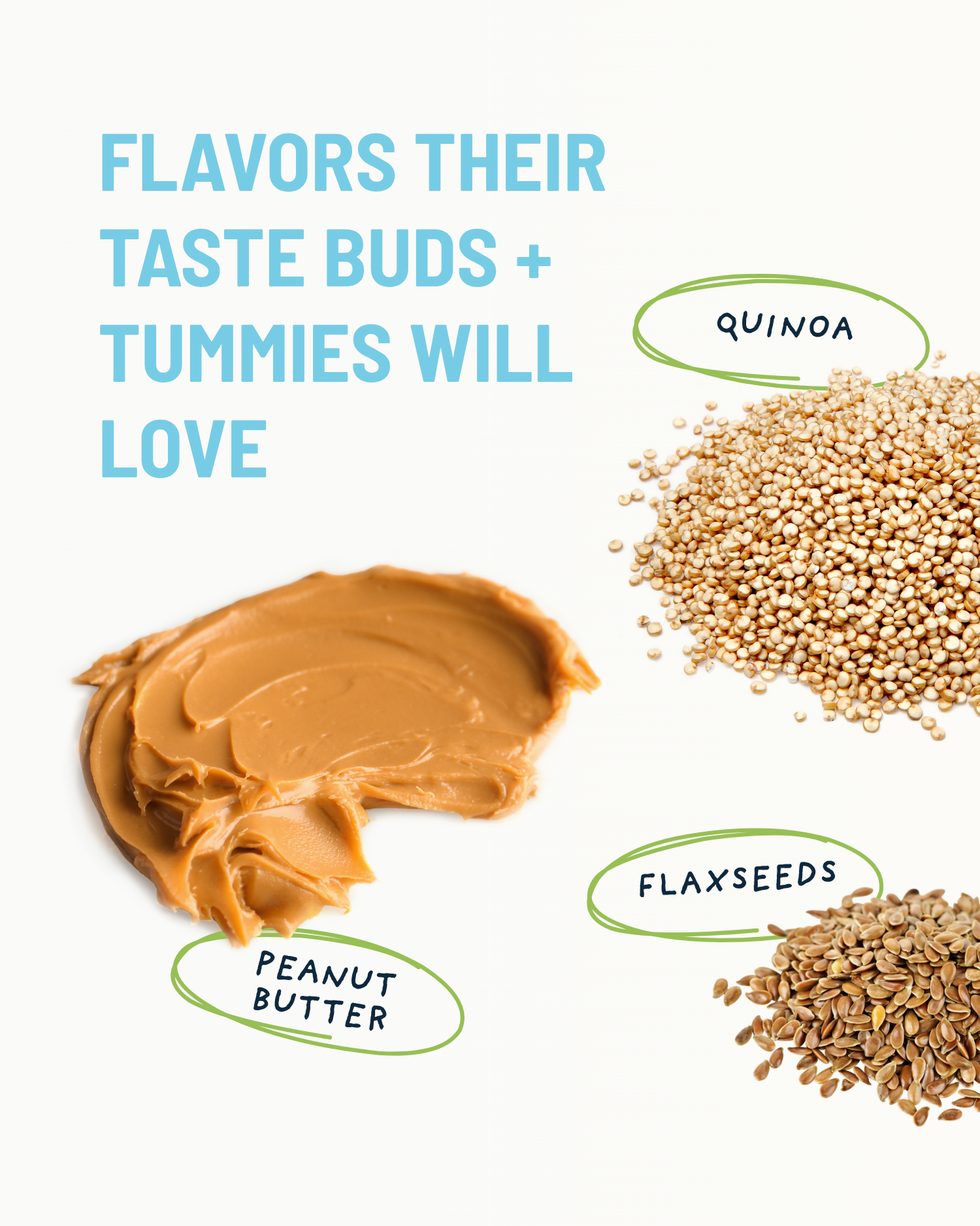 Peanut butter, quinoa, and flaxseeds with text 'Flavors their taste buds + tummies will love' on a white background.