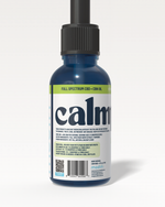 Bottle of full spectrum CBD + CBN oil labeled 'calm' on a white background