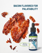 Bacon-flavored product with a bottle on a white background
