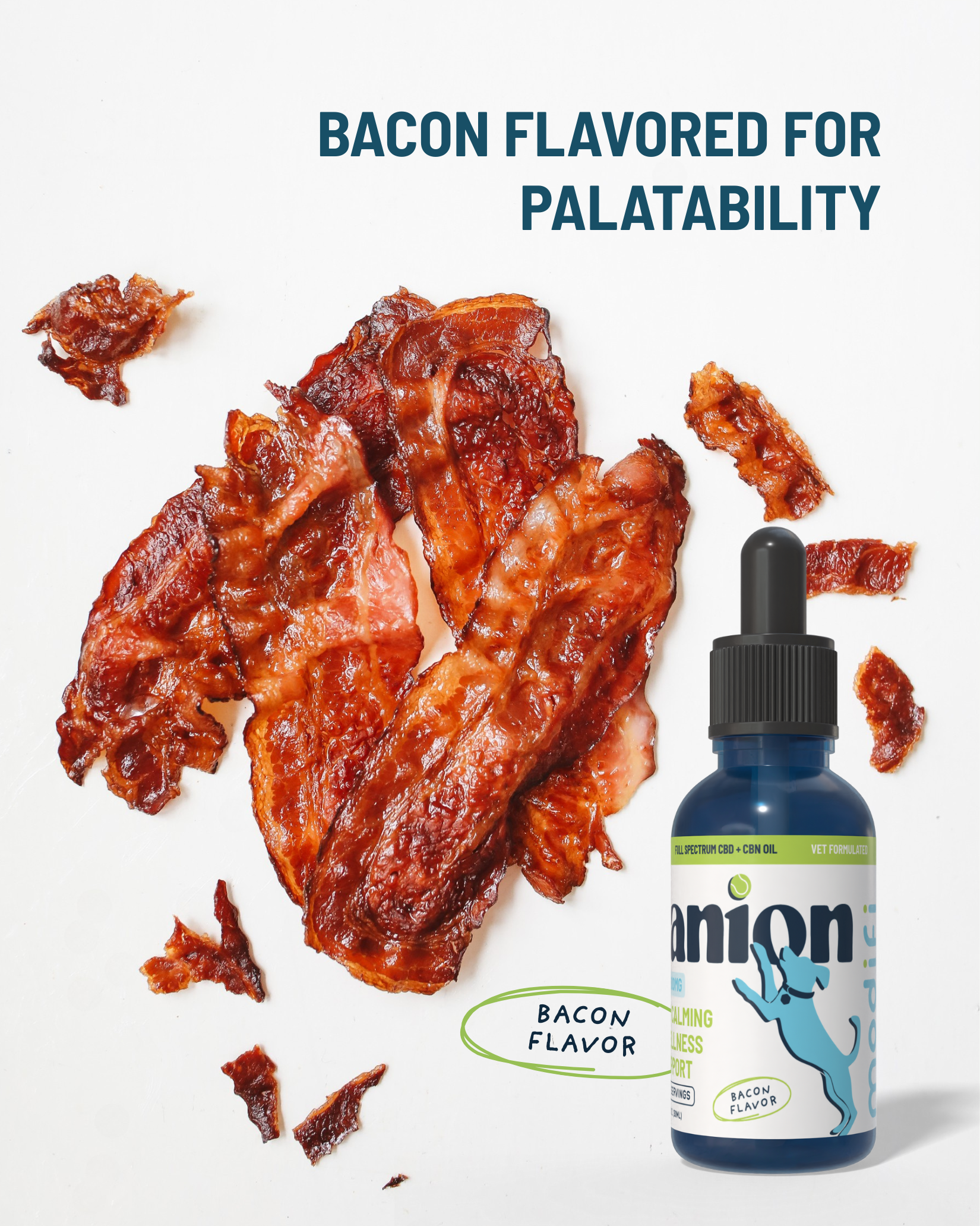 Bacon-flavored product with a bottle on a white background