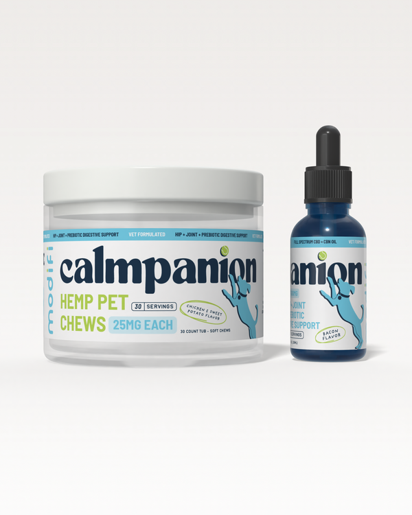 Calmpanion hemp pet product packaging including a container and a dropper bottle on a white background