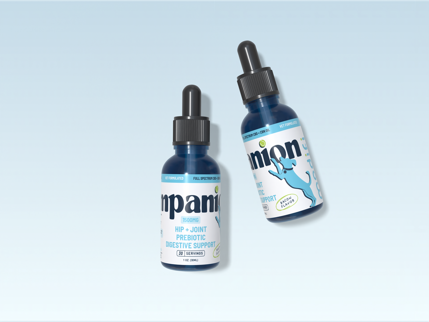 Two bottles of a product with a blue label on a light blue background