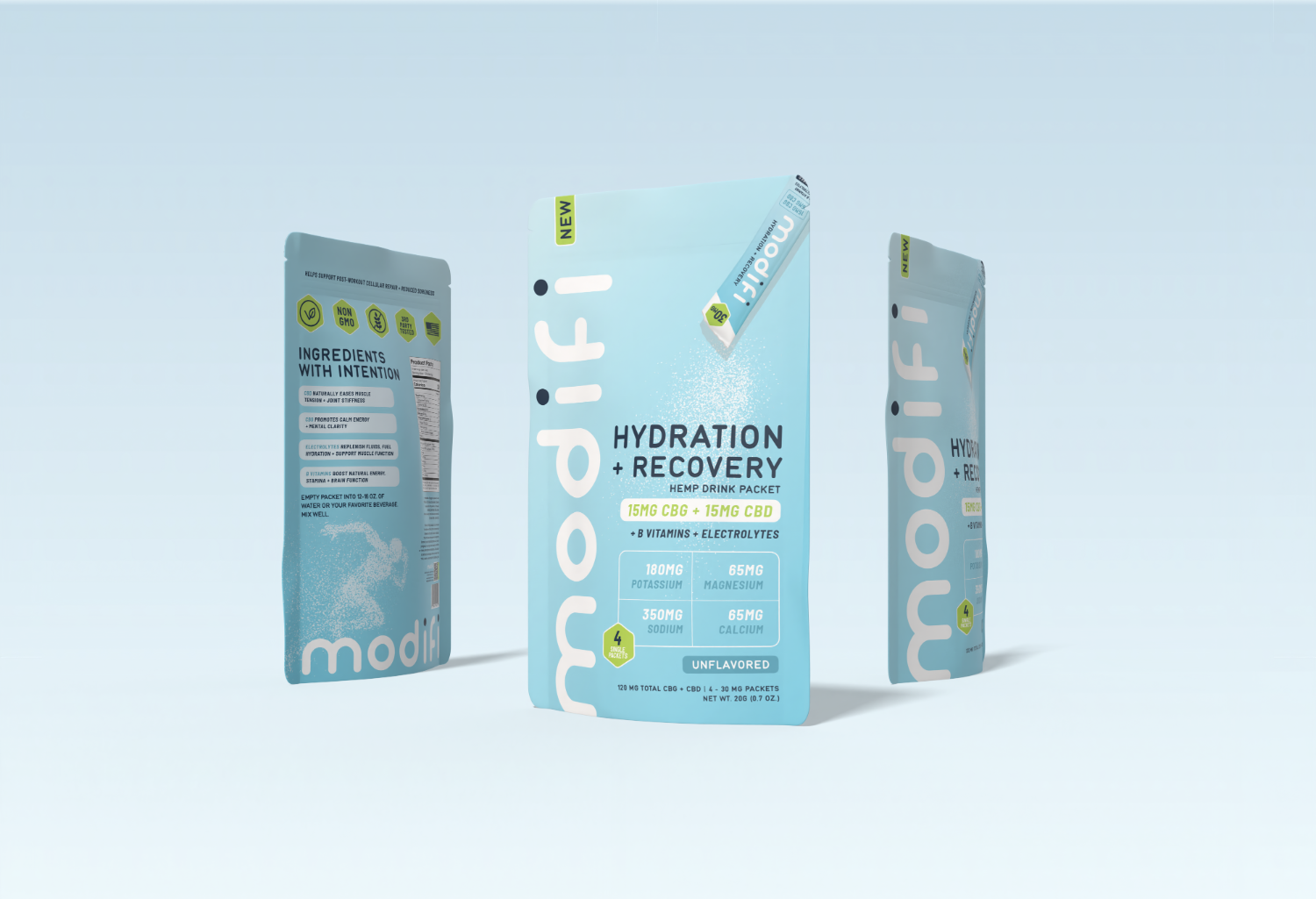 3 bags of modifi hydration and recovery pouches on a light blue background