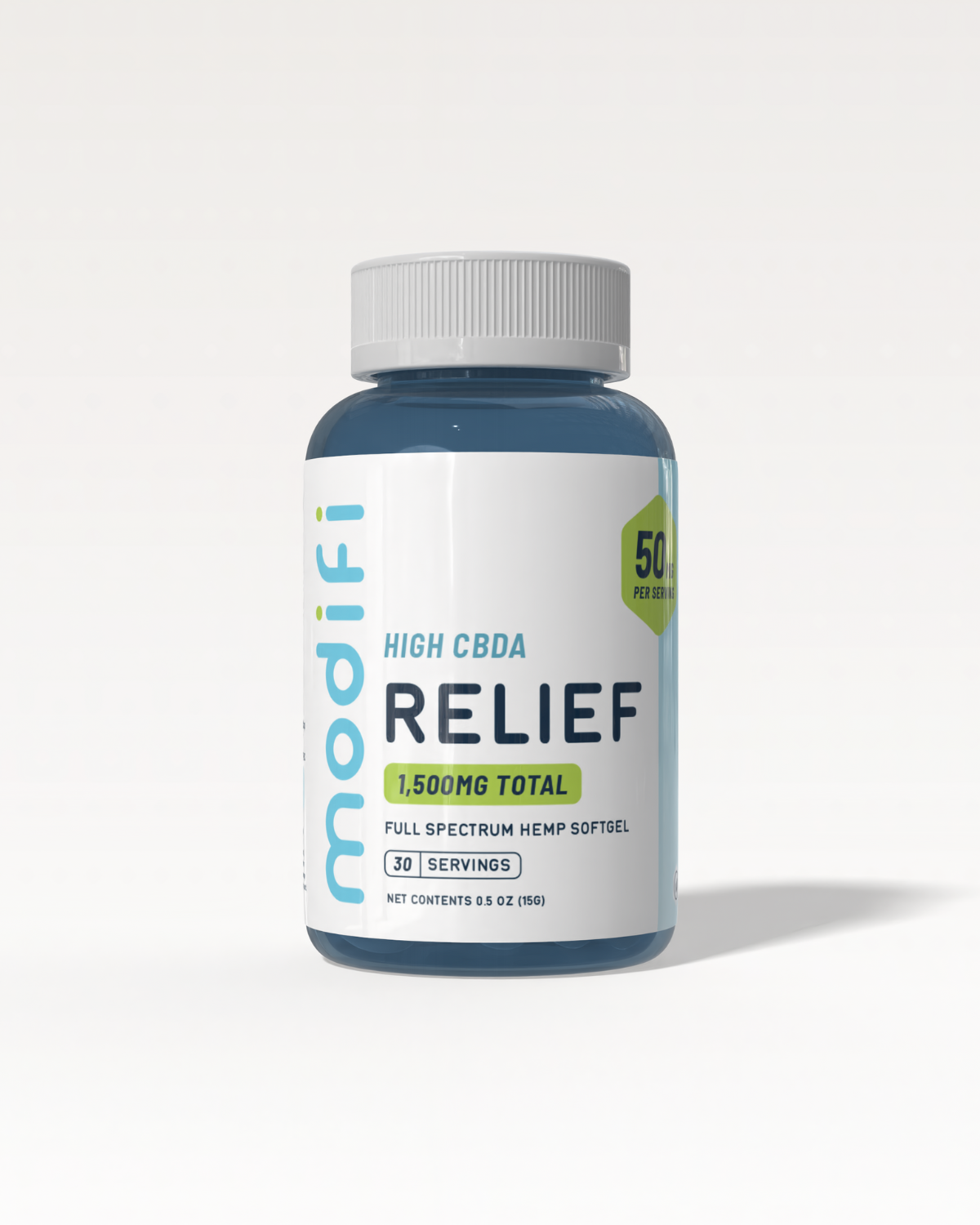 Bottle of ModiFi High CBD Relief supplement on a white background