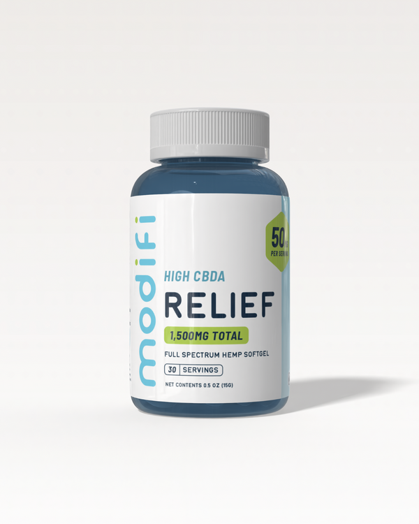 Bottle of ModiFi High CBD Relief supplement on a white background