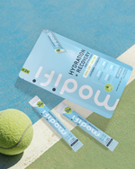 Modifi hydration recovery package with a tennis ball on a blue and green background