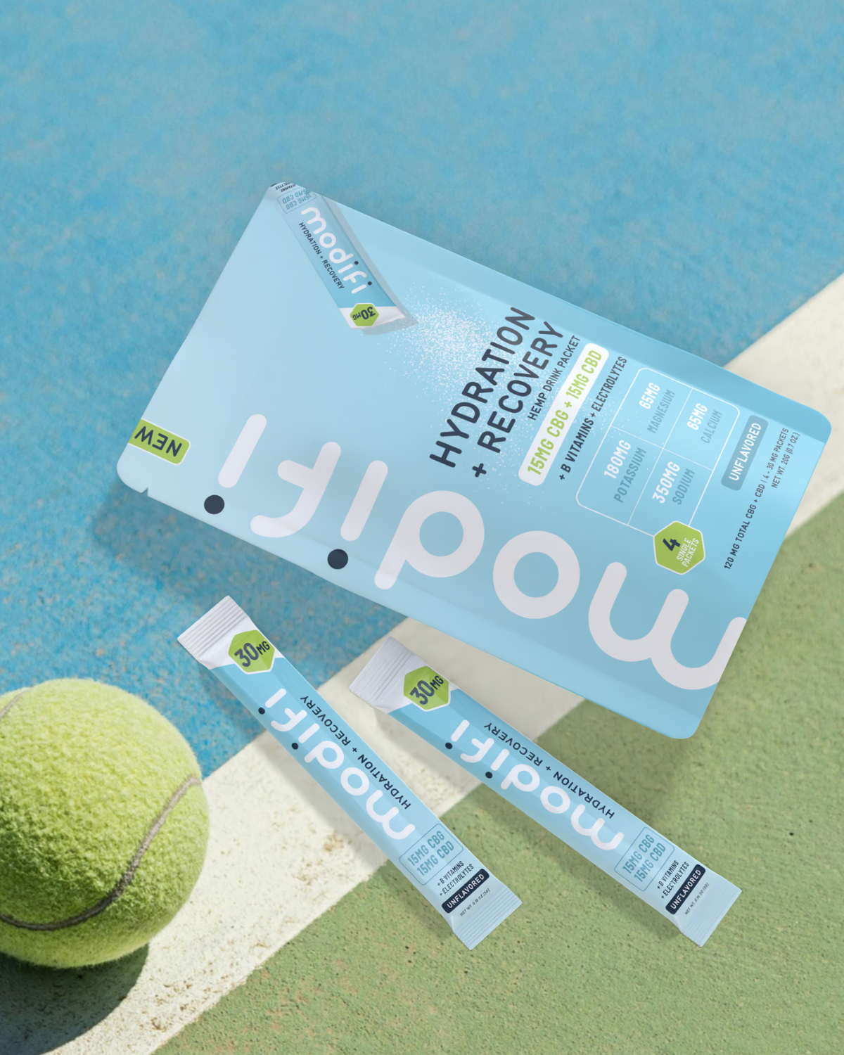 Modifi hydration recovery package with a tennis ball on a blue and green background