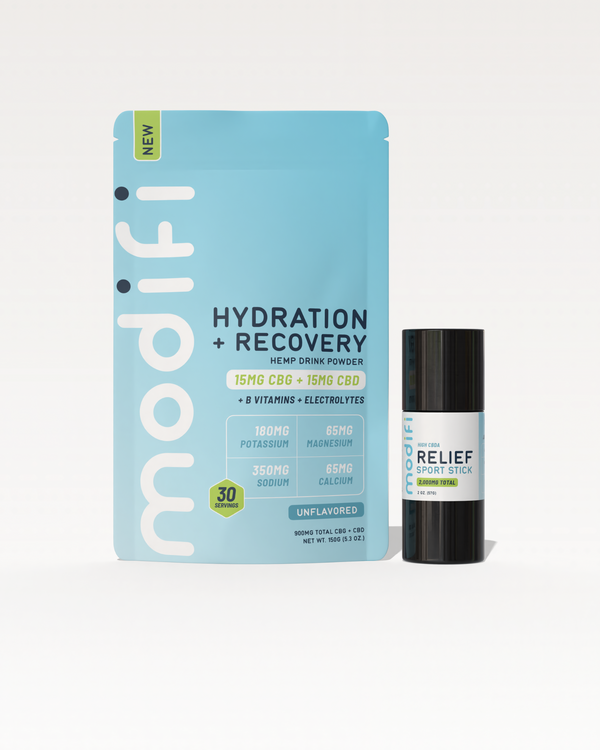 Modifi hydration and recovery powder package with a black and white container on a light gray background