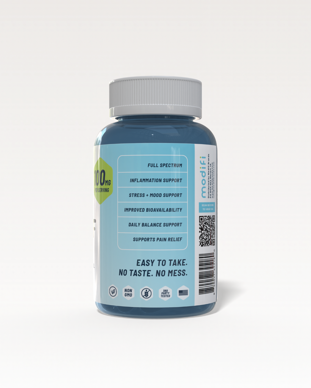 Blue supplement bottle with white cap on a light gray background