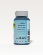 Blue supplement bottle with white cap on a light gray background