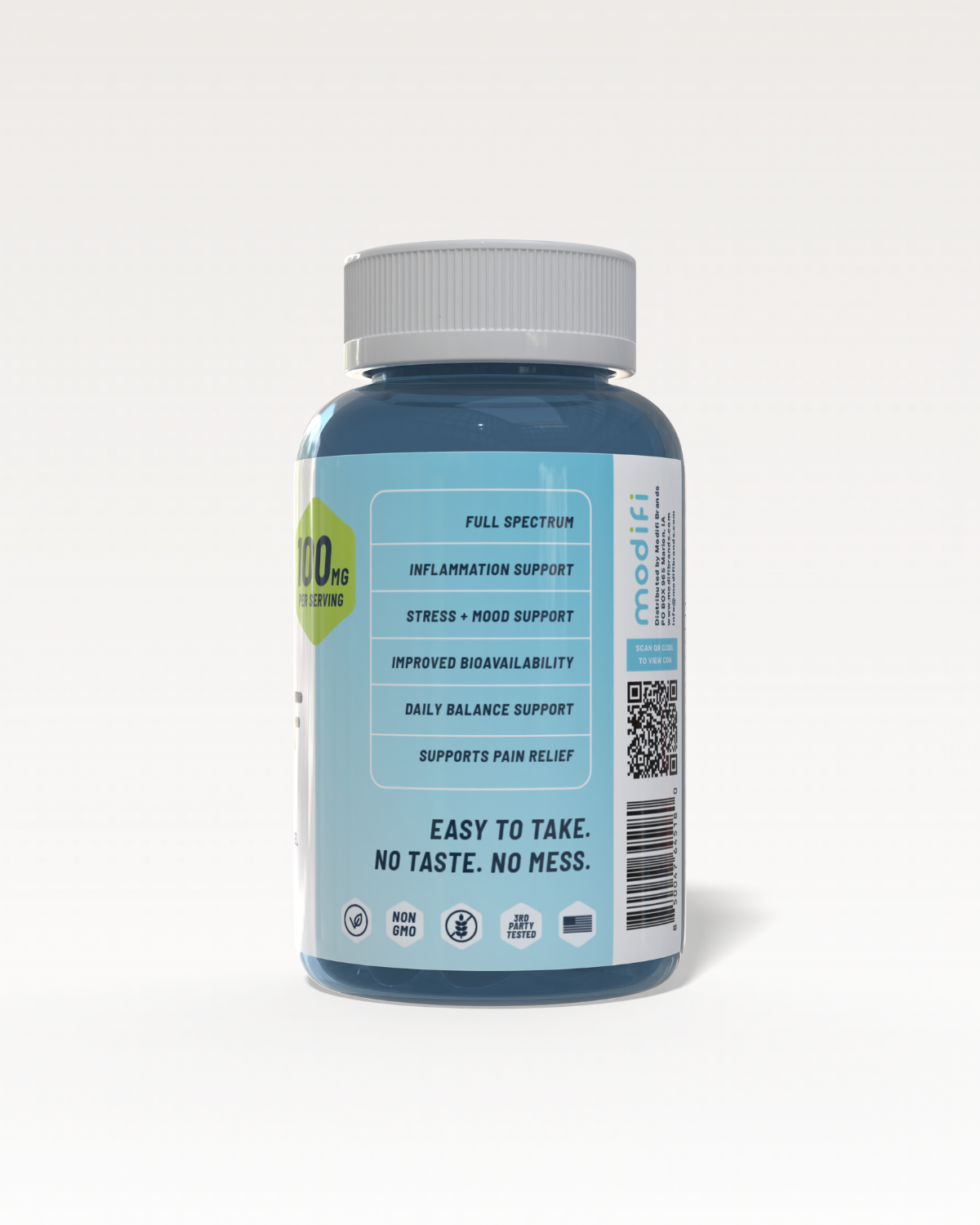 Blue supplement bottle with white cap on a light gray background