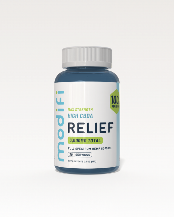 Bottle of Modafi High CBDa Relief supplement on a white background