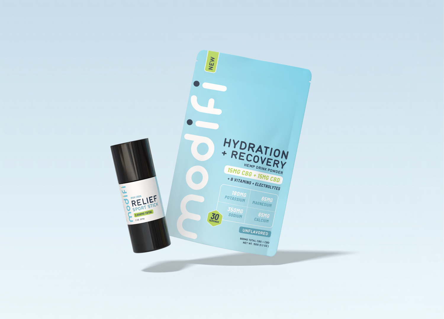 Modiif relief and hydration recovery product on a light blue background
