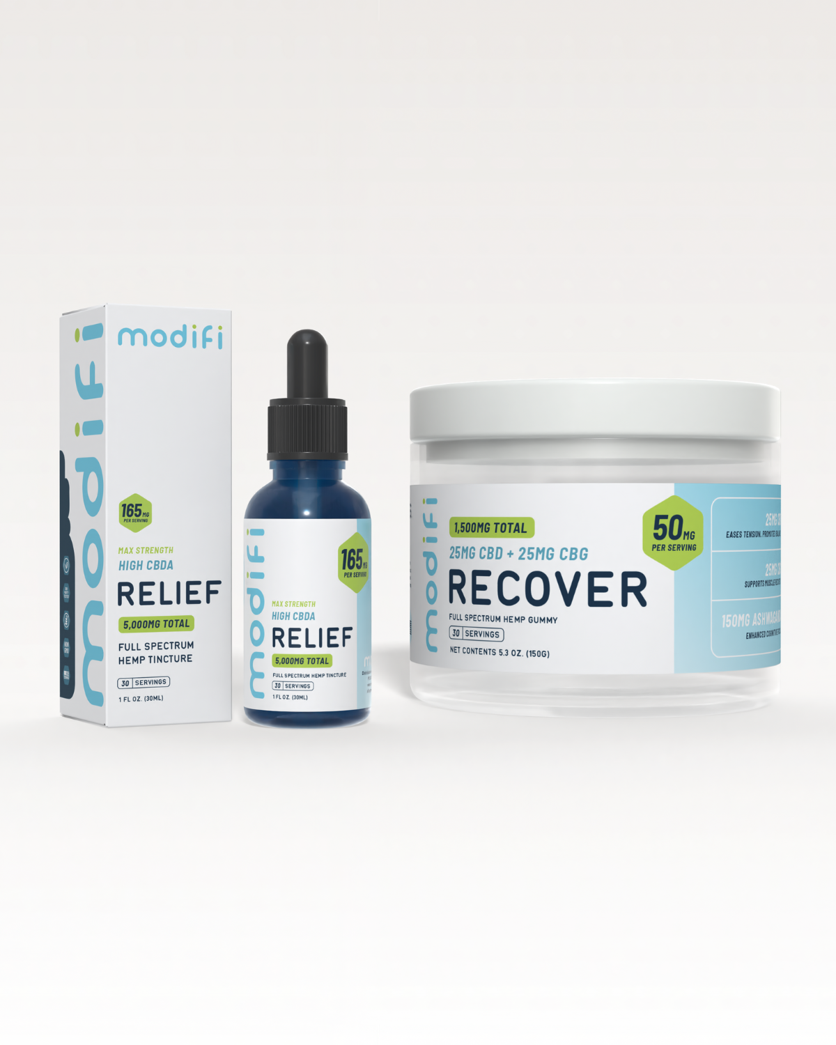 products including a bottle, dropper, and container with 'modifi' branding on a white background.