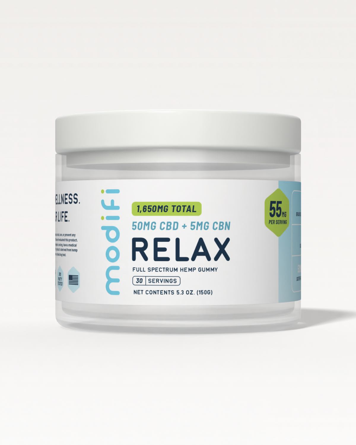 Jar of modifi Relax gummies with label on a white background