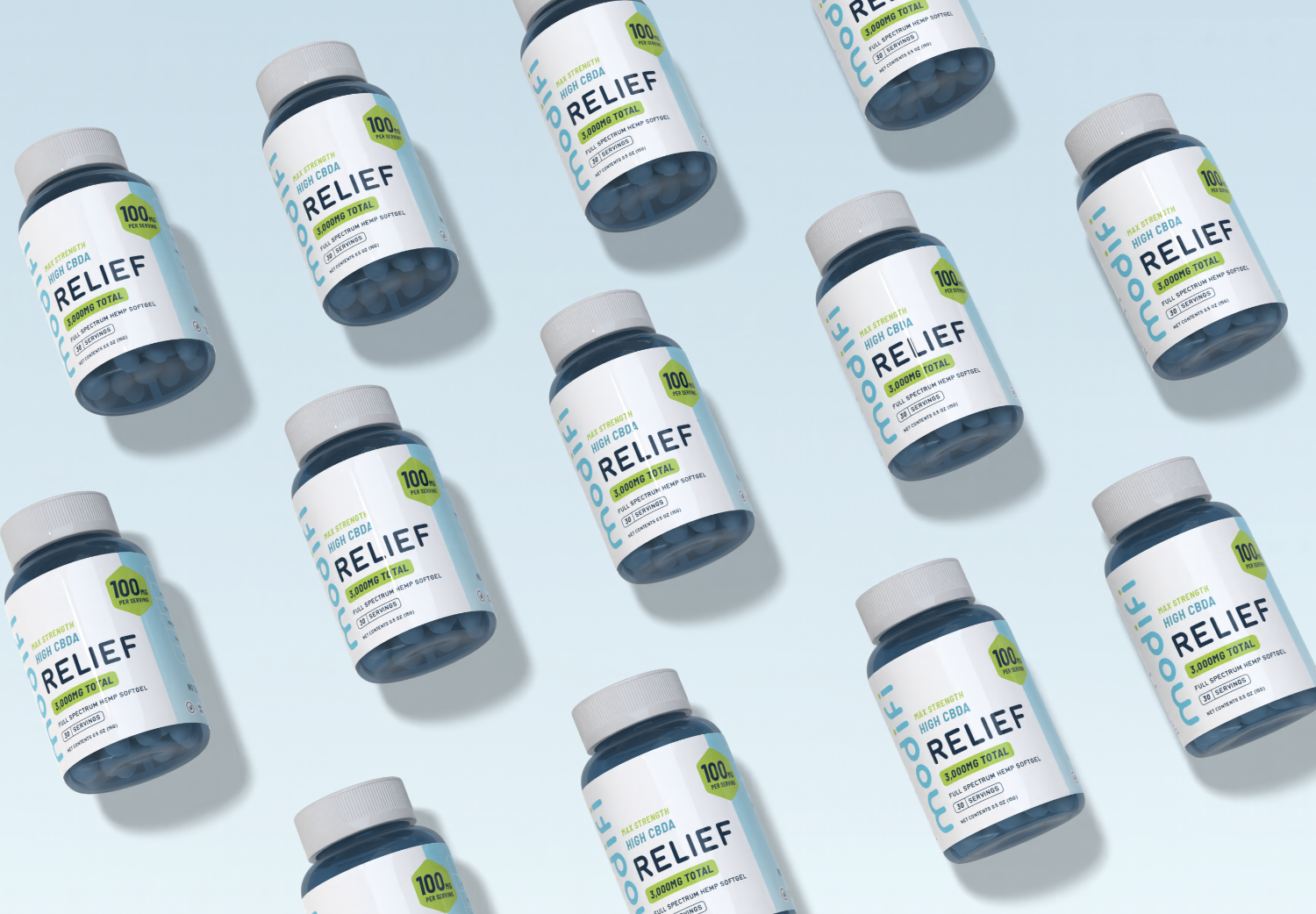 Multiple bottles of a product labeled 'Relief' arranged in a grid on a light blue background.